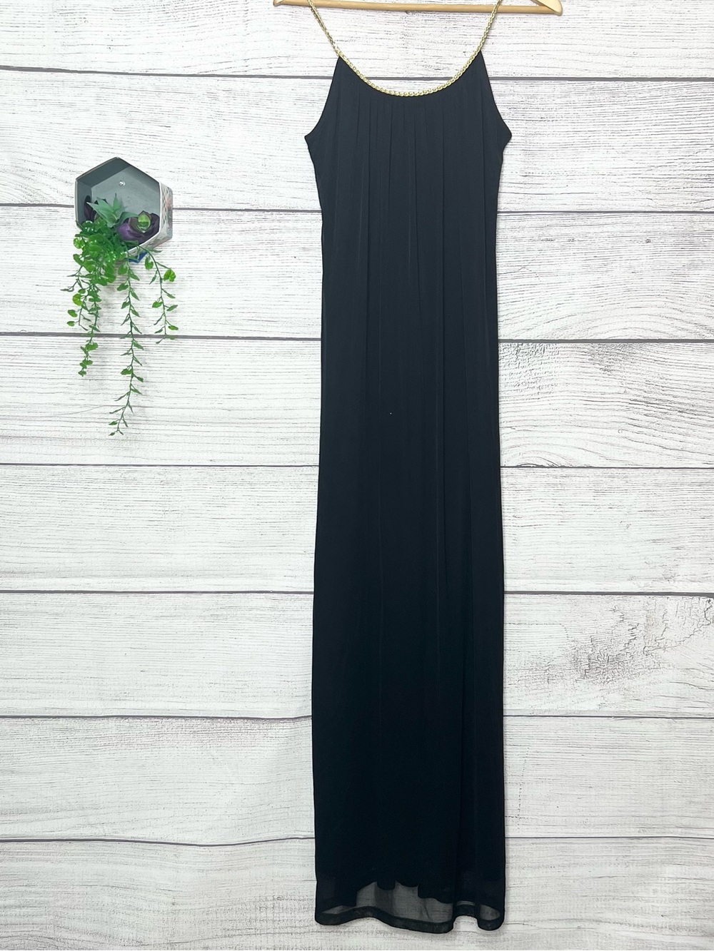 Jump Apparel Gold Braided Spaghetti Strap Draped Black Maxi Dress Size Medium